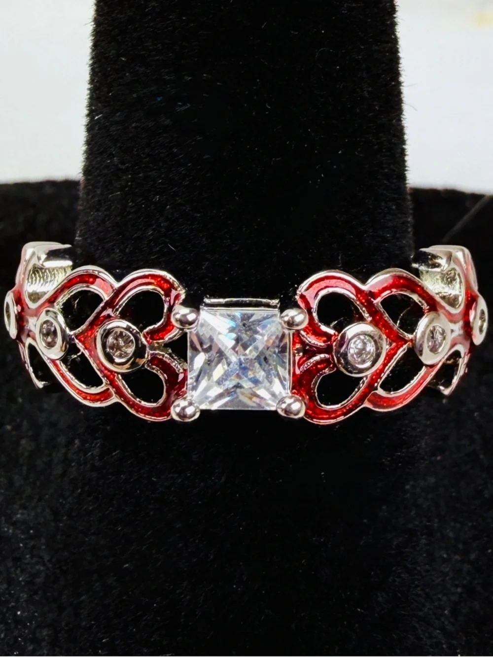 Beautiful, silvertone, red enamel, heart, clear, bling costume ring size 8